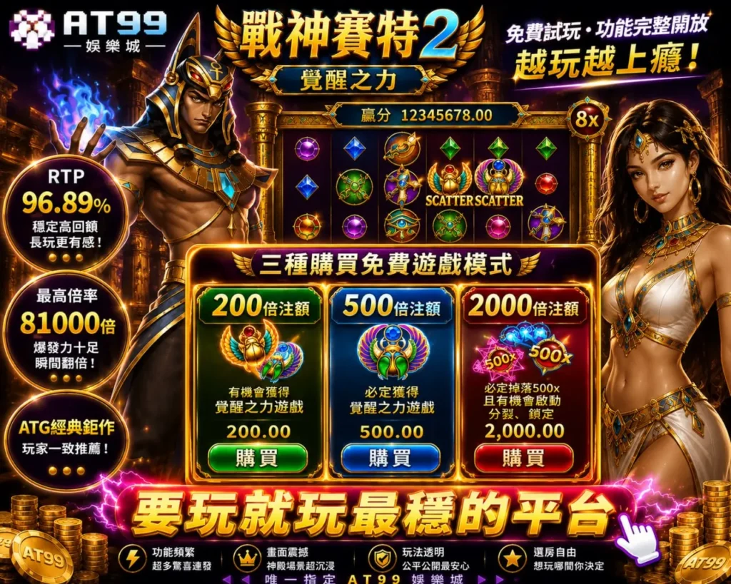戰神賽特2覺醒之力試玩與免費遊戲模式介紹圖，整理RTP與倍率特色
