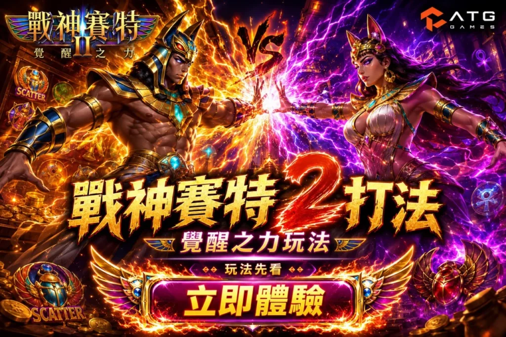 ATG戰神賽特2覺醒之力主視覺，展示戰神賽特與女神角色對決、Scatter機制、覺醒玩法與遊戲特色。